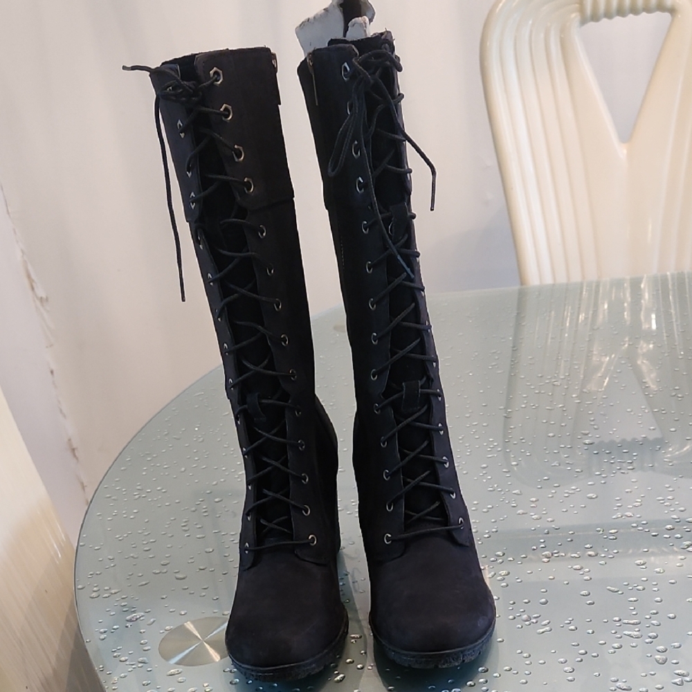 Timberland Black Lace-Up Knee-High Boots